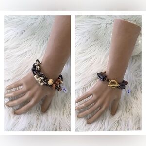3 strands African Bracelet w/bone, wood & metal beads. Vintage clasp. 8 1/2 in.